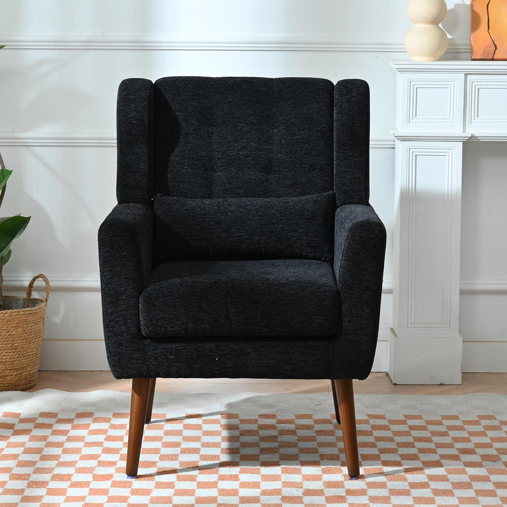 Modern Accent Chair Chenille Fabric Upholstered Tufted Side Chair Wingback Chair,Mid Century Reading Armchair with Waist Pillow Backrest for Living Room Bedroom (Black)