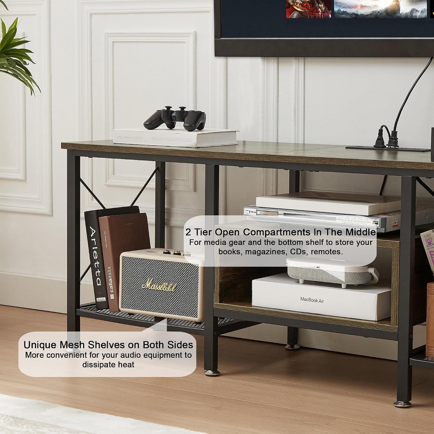 VECELO TV Stand with Power Outlets for 70 Inch Industria Media Entertainment Center with Charging Station, 3-Tier Open Shelves & Metal Frame for Living Room, Bedroom, 63 Inch, Brown