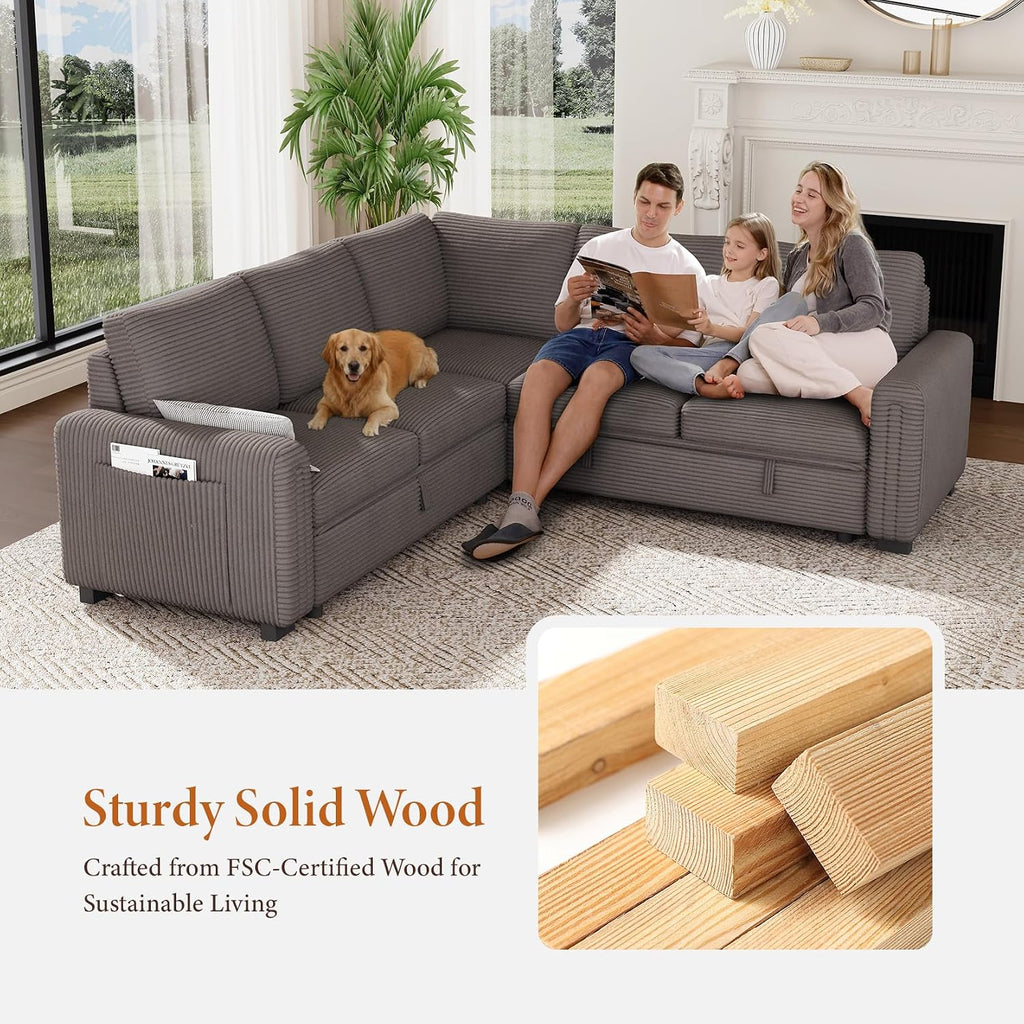 Vesgantti 88.4" Corduroy Sectional Sleeper Sofa with Pull Out Bed, Brown | 5 Seater Modular Couch with Storage, Comfy L Shaped Cloud Couches for Living Room, Bedroom, Apartment, Easy to Assemble