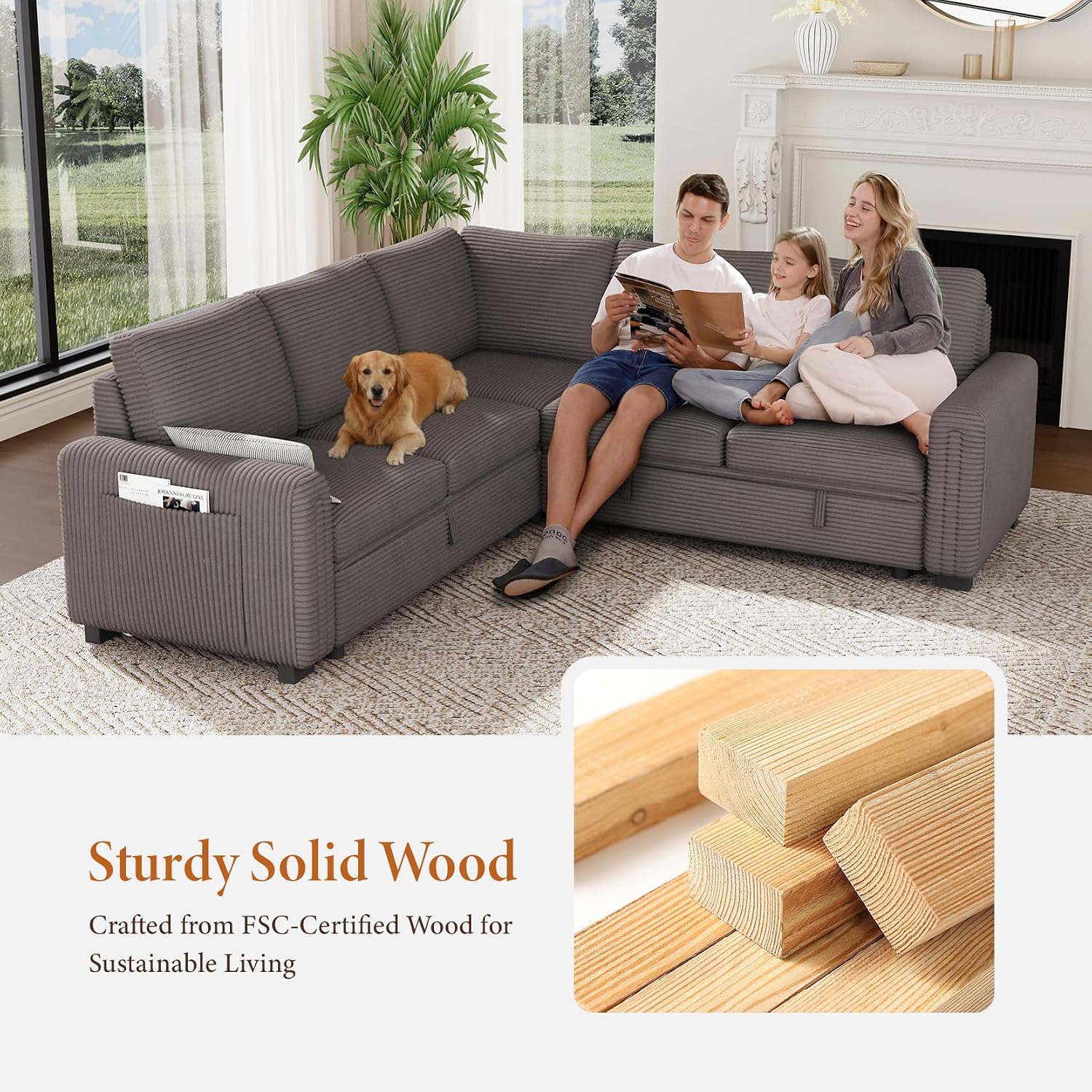 Vesgantti 88.4" Corduroy Sectional Sleeper Sofa with Pull Out Bed, Brown | 5 Seater Modular Couch with Storage, Comfy L Shaped Cloud Couches for Living Room, Bedroom, Apartment, Easy to Assemble