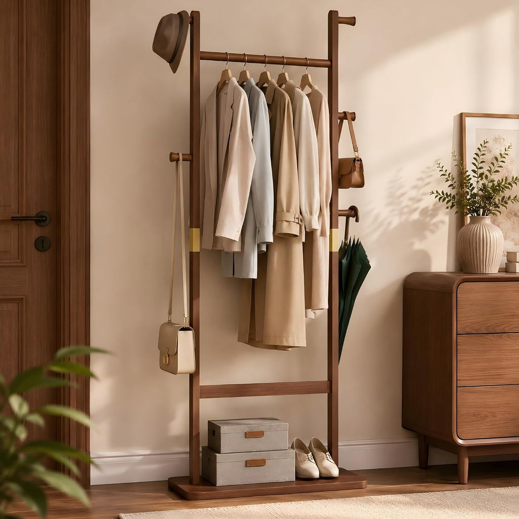 Solid Wood Coat Rack Freestanding, Clothing Rack with 5 Hooks & Bottom Shelf, Coat Rack Stand for Hanging Clothes, Wood Hall Tree Organizer for Entryway, Bedroom (Walnut Brown 23.6"W x 70.8"H)