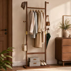 Solid Wood Coat Rack Freestanding, Clothing Rack with 5 Hooks & Bottom Shelf, Coat Rack Stand for Hanging Clothes, Wood Hall Tree Organizer for Entryway, Bedroom (Walnut Brown 23.6"W x 70.8"H)