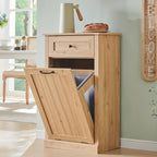 Tilt Out Trash Can Cabinet, 10 Gallon Farmhouse Laundry Hamper Cabinet with Drawer, Hidden Wooden Trash Garbage Can Bin with Storage Basket for Kitchen, Living Room (Natural)