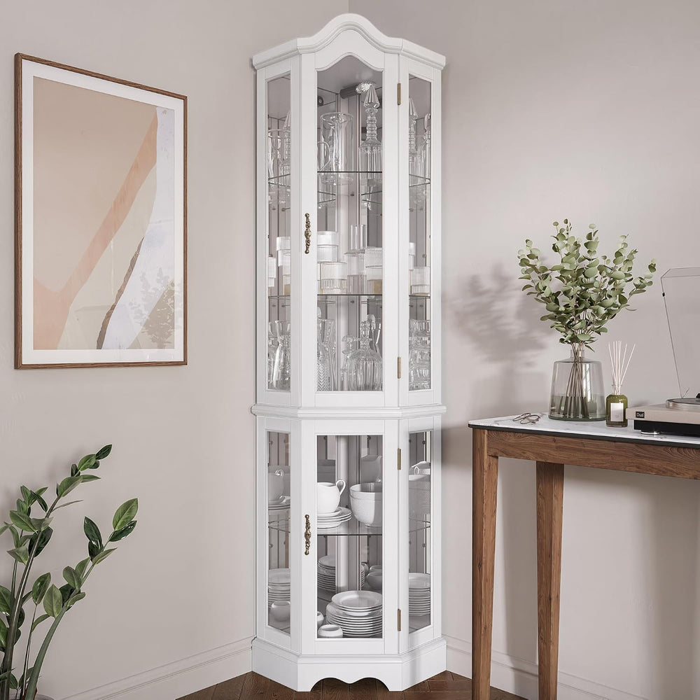 BELLEZE Lighted 3-Side Glass Display Curio Cabinet w/ Tempered Glass Doors an...