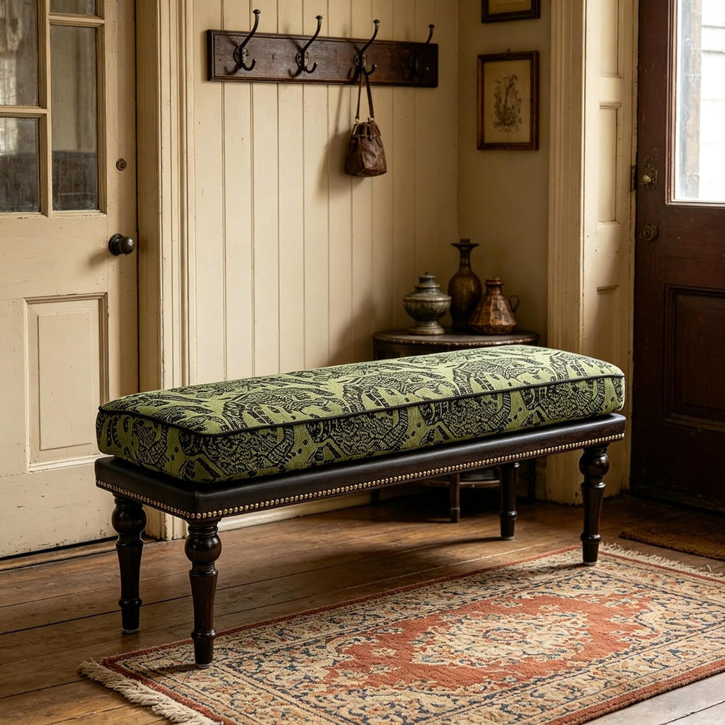Forteek 47" Upholstered Bed End Bench for Bedroom, Vintage Bed Bench | Vintage Solid Wood Bench with Detachable Washable Cover, Pattern Cushion Nailhead Trim Decorative Bedroom Stool for Storage