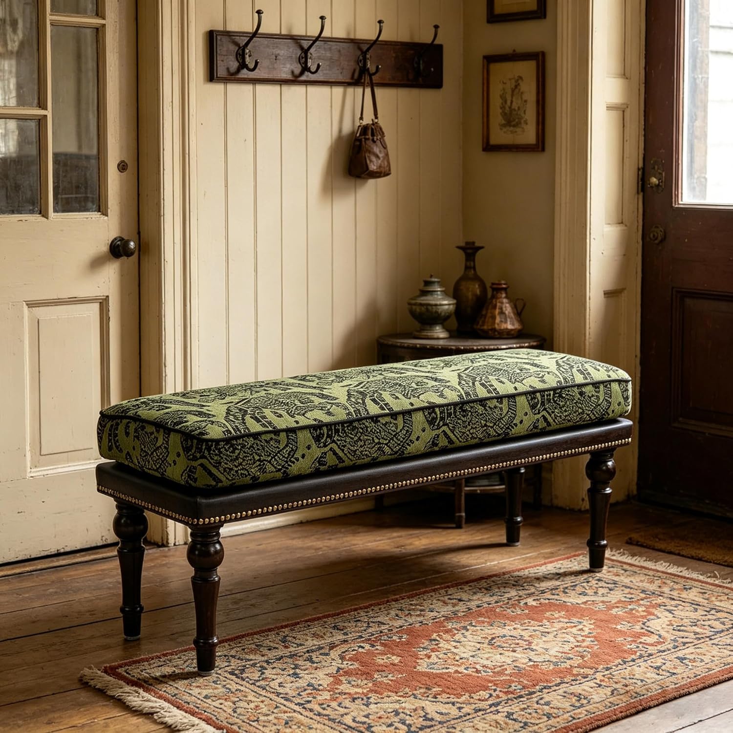 Forteek 47" Upholstered Bed End Bench for Bedroom, Vintage Bed Bench | Vintage Solid Wood Bench with Detachable Washable Cover, Pattern Cushion Nailhead Trim Decorative Bedroom Stool for Storage