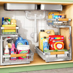 Under Sink Organizer, Stainless Steel 2 Packs 2 Tier Under Sink Organizers and Storage, Slide out Pull out Cabinet Shelf, Sliding Drawer for Kitchen Bathroom Pantry Cabinet Closet Organization Rack