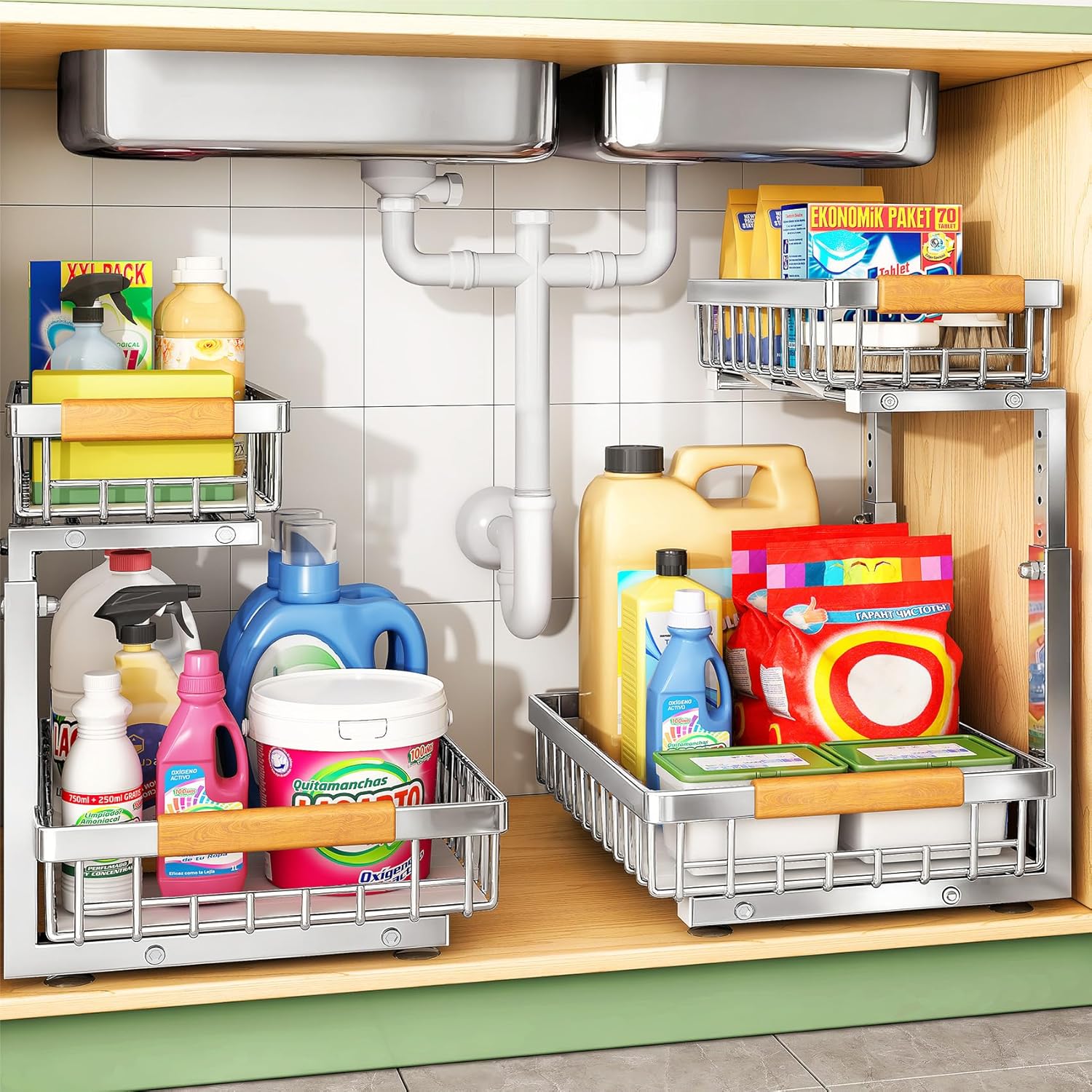 Under Sink Organizer, Stainless Steel 2 Packs 2 Tier Under Sink Organizers and Storage, Slide out Pull out Cabinet Shelf, Sliding Drawer for Kitchen Bathroom Pantry Cabinet Closet Organization Rack