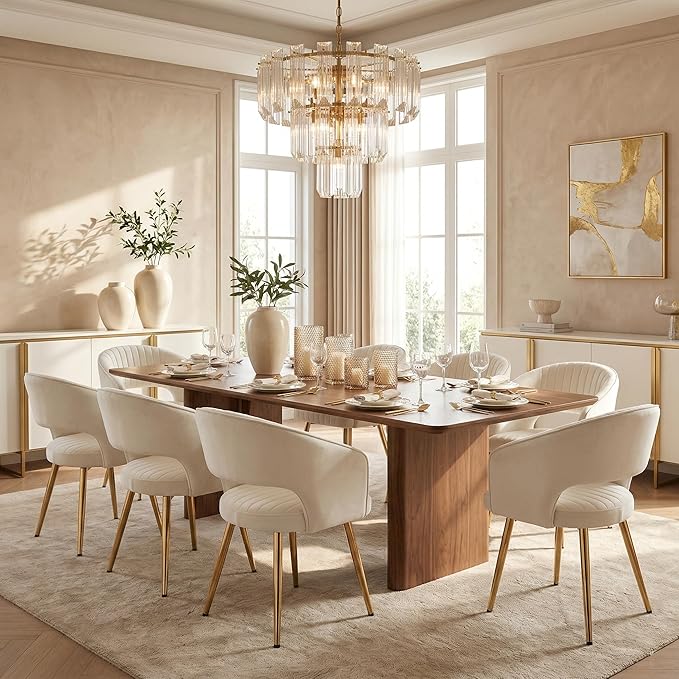 Cream Velvet Dining Chairs Gold Legs, Modern Dining Room Chairs with Arms Set of 2 Upholstered Accent Chair Armchair with Barrel Back for Kitchen Living Room