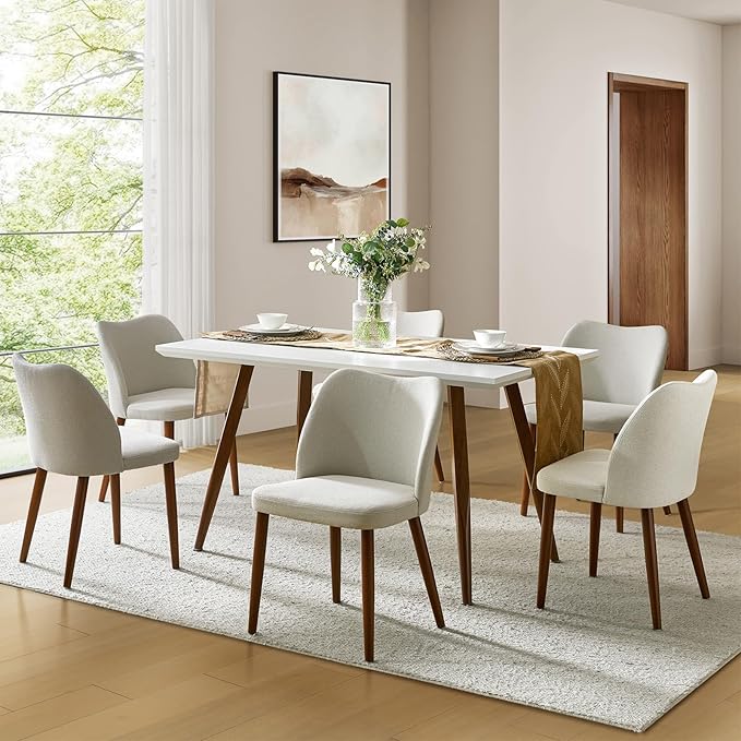 Dining Chairs Set of 6, Upholstered Kitchen Dining Room Chair Set Morden Accent Side Dinner Chair with Curved Padded Back Wood Legs for Restaurant/Cafe, Grey
