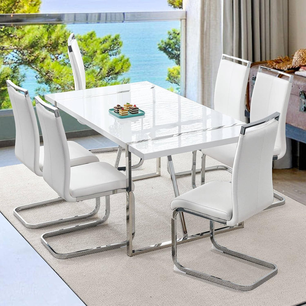 Ebullient Dining Table Set for 6，White Rectangular MDF Kitchen Table and Leat...