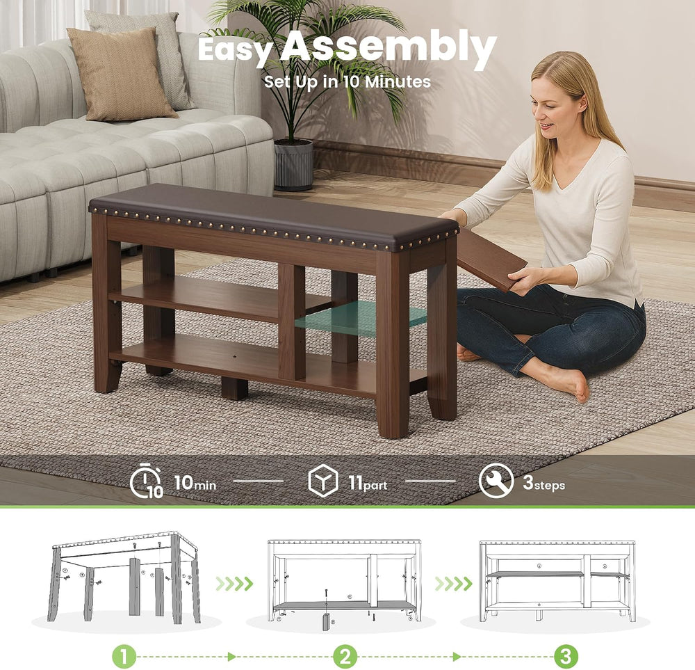 Shoe Bench for Entryway, Solid Rubberwood Shoe Bench with Hidden Storage, Adj...