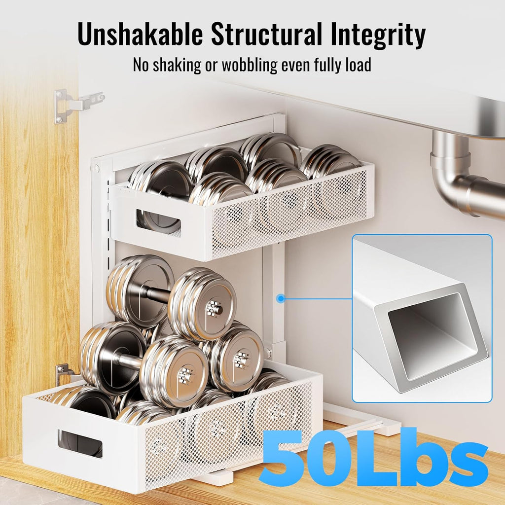 Full Metal Under Sink Organizer, Pull Out Cabinet Organizers and Storage, Silk-Smooth Sliding Drawer for Kitchen, Bathroom, Pantry, Cabinet, Closet (White, 2 Pack)