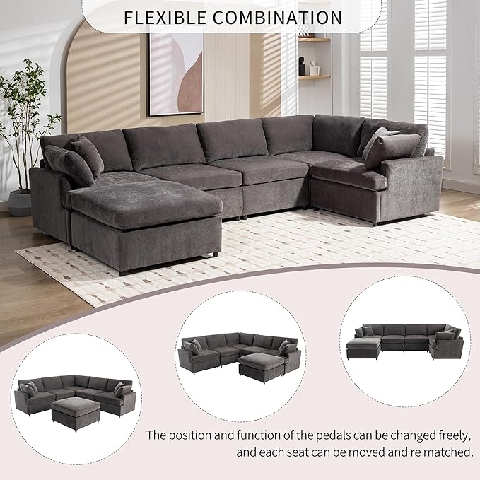 Merax 6-Seater Modern Large U-Shape Sectional Sofa, with Removable Ottomans for Living Room,Gray