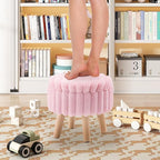 Wimarsbon Storage Ottoman,Soft Faux Fur Footstool with Padded Seat, Small Reading Vanity Chair, Footrest with Wood Tray for Couch, Mini Coffee Table or Display Stand (Pink, Round Storage)