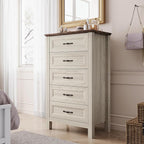 LINSY HOME Tall Dresser for Bedroom with 5 Drawers, 45" Tall Dressers & Chests of Drawers, Modern Farmhouse Large Vertical Dresser with Wood Legs for Bedroom, Closet, Living Room, Hallway, Beige