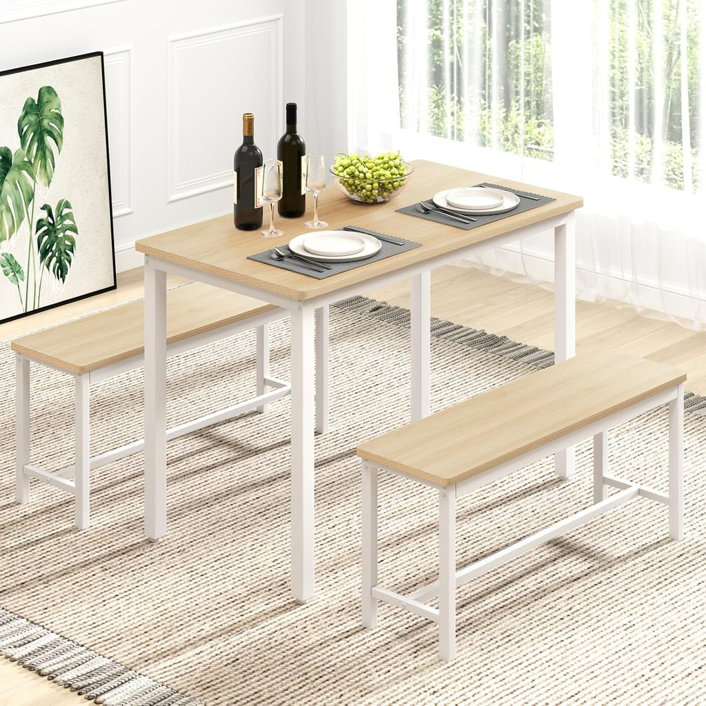 Rovibek 43" Dining Room Table Chairs Set for 4, Modern Space Saving Kitchen Table with 2 Benches & Adjustable Feet Breakfast Table, Wooden Industrial Style Farmhouse, White