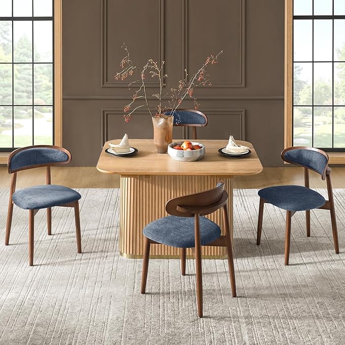HULALA HOME Dining Chairs Set of 4 Mid-Century Modern Fabric Upholstered Dining Room Chairs Kitchen Side Chair with Open Curved Back, Walnut Rubber Wood Legs, Dinner Chairs for Living Room, Admiral