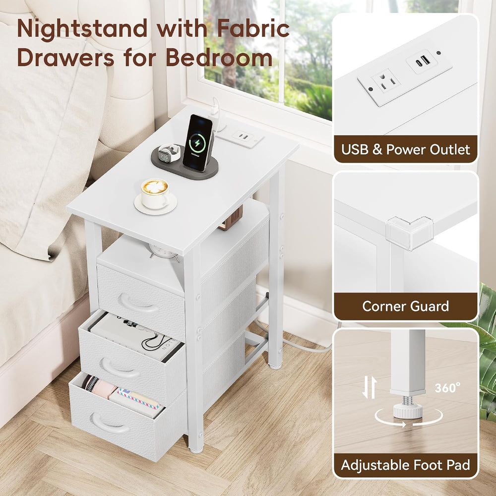 Vagusicc White End Table with Charging Station, Narrow Side Table, Narrow Nig...