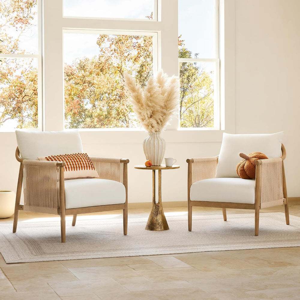 CHITA Braid Accent Chair Set of 2, Wood Frame and Paper-Cord Armrest, Cream |...