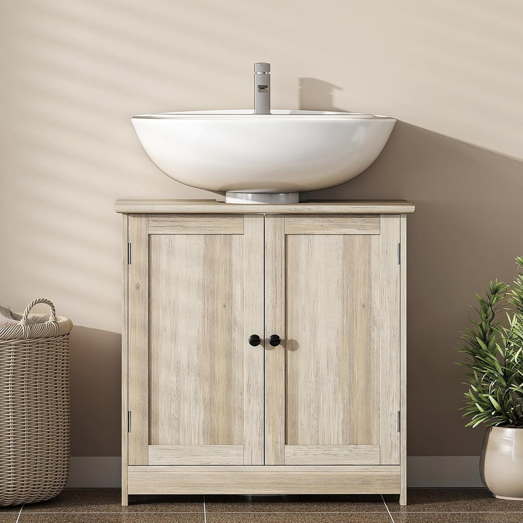 HOMCOM Under Sink Bathroom Cabinet, Pedestal Sink Storage Cabinet with 2 Doors, Shelf and U-Shape, Weathered Gray Oak