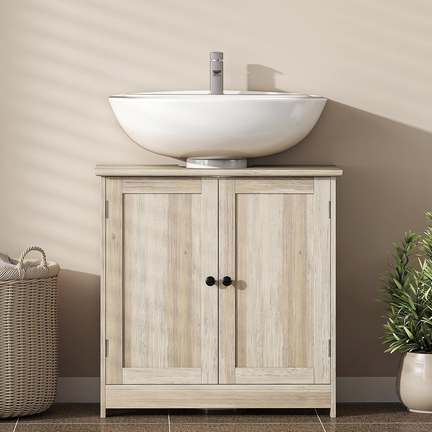 HOMCOM Under Sink Bathroom Cabinet, Pedestal Sink Storage Cabinet with 2 Doors, Shelf and U-Shape, Weathered Gray Oak