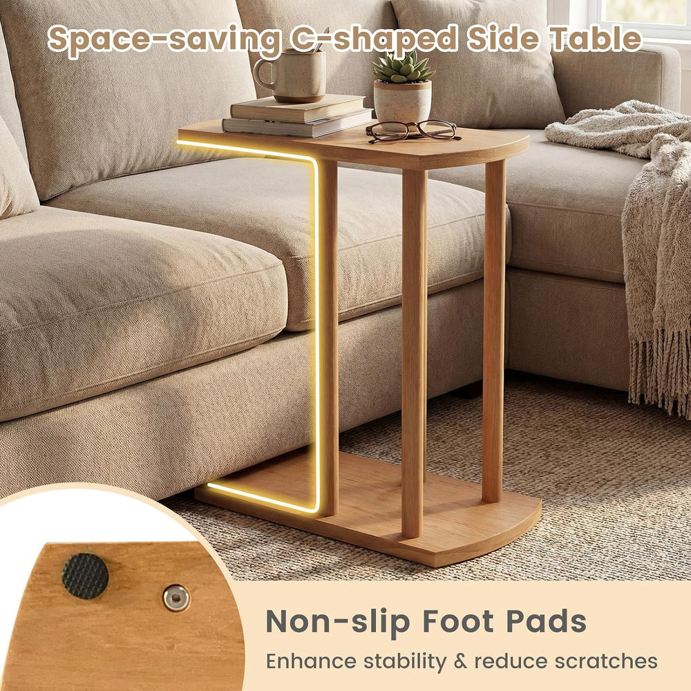 Giantex C-Shaped Teak Wood Side Table, Set of 2 Narrow 2-Tier Couch Tables th...