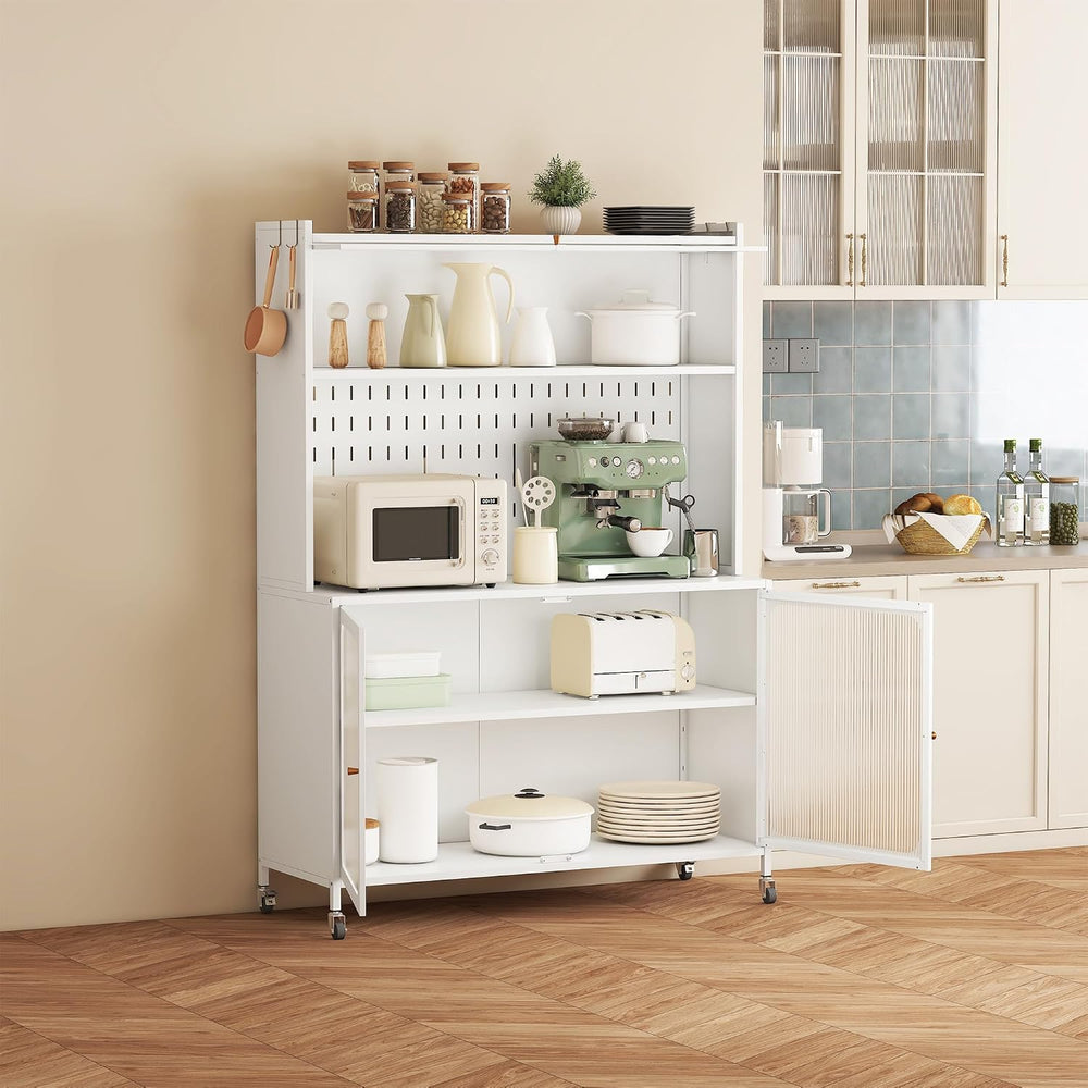 Rolling Kitchen Pantry Cabinet with 2 Glass Doors & Adjustable Shelves, F...