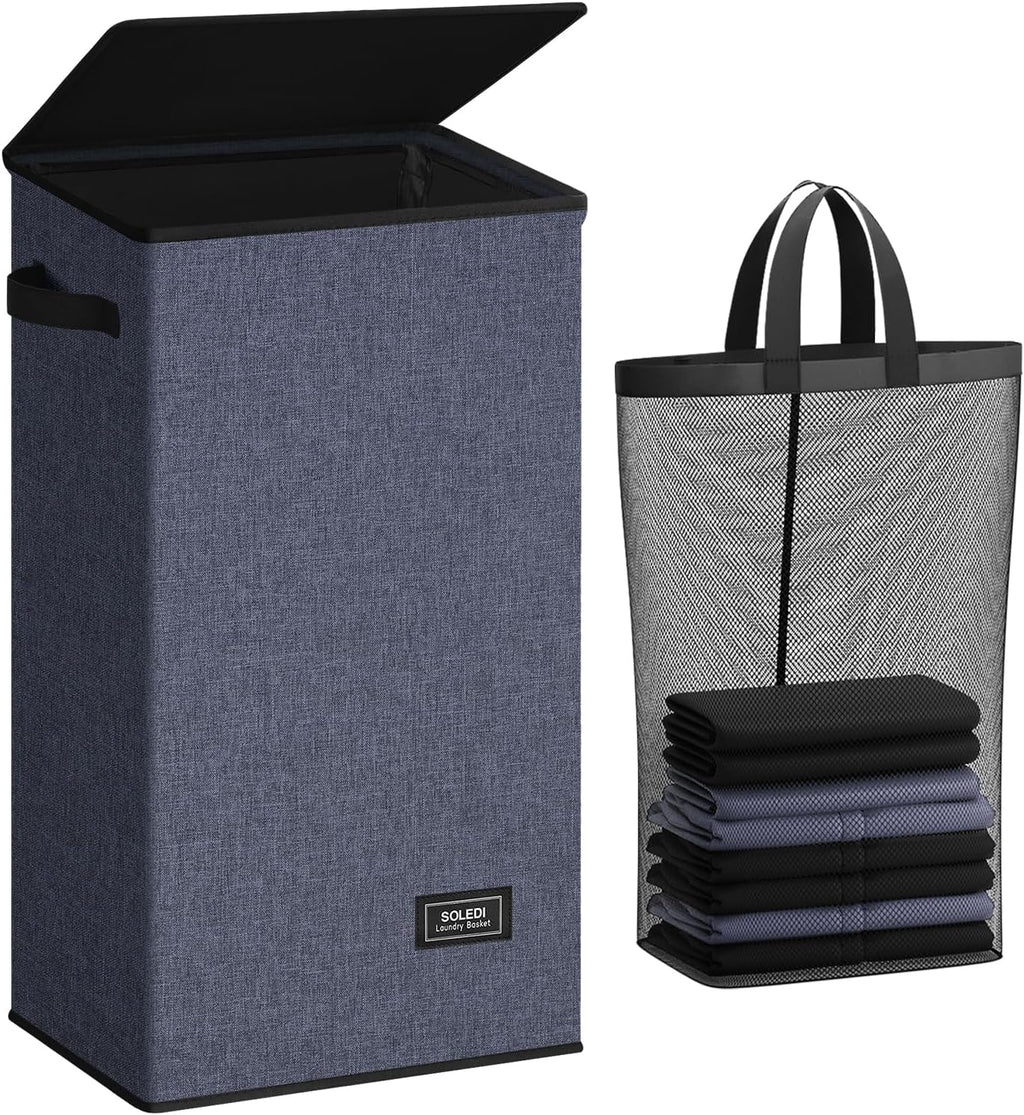 SOLEDI Laundry Hamper with Lid 100L Large & Tall Collapsible Laundry Basket, Clothes Hamper with Bag Removable Easy to Carry, Dirty Hampers for Bedroom, Bathroom, Dorm, College, Navy Blue