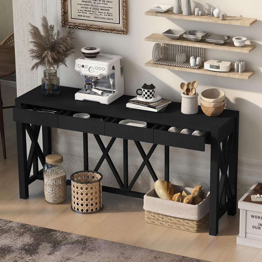 Farmhouse 60'' Console Table Sofa Table with 4 Spacious Drawers and O...