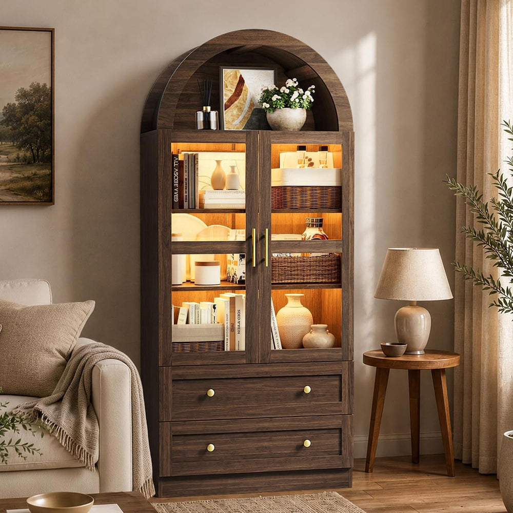 71" Tall Arched Kitchen Pantry Cabinet with LED Light, Modern Farmhouse ...