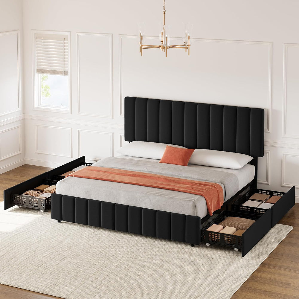 Garvee King Size Bed Frame, Linen Bed Frame with 4 Storage Drawers, Black