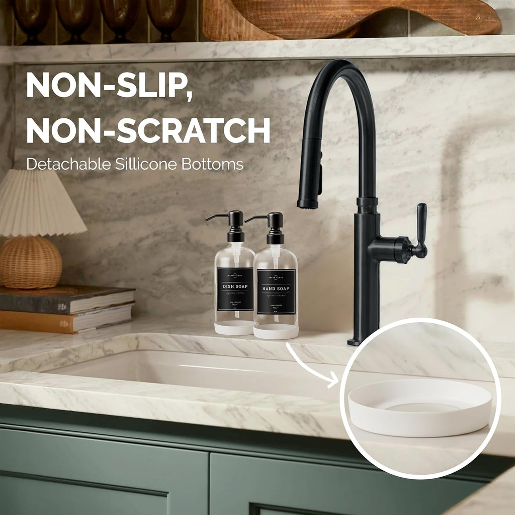 Vine Creations Clear Glass Soap Dispenser, 2 Pack Kitchen Soap Dispenser Set with Stainless Steel Pump, 16 oz Dish Soap and Hand Soap Dispensers for Bathroom with Waterproof Labels