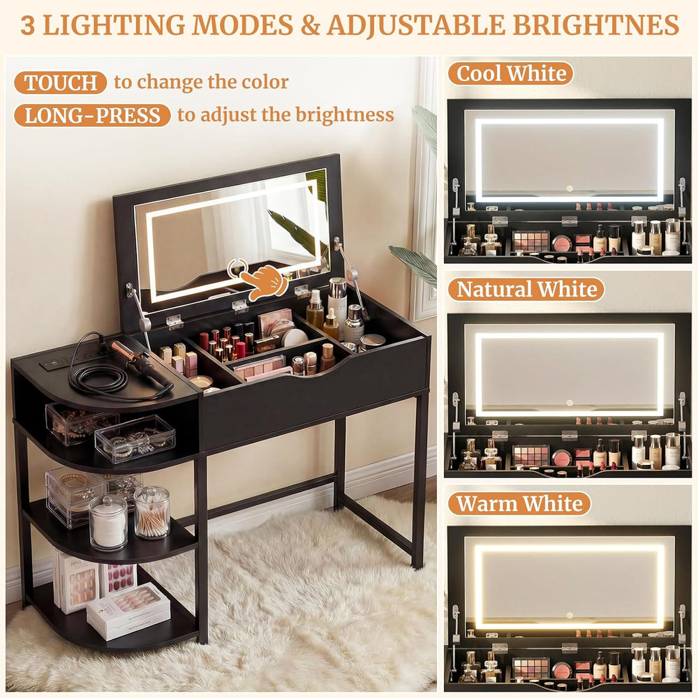 Cyclysio Vanity Desk with Flip Top Mirror and Lights, Black | Makeup Vanity D...
