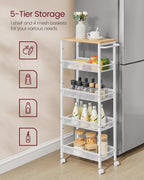 VASAGLE Slim Rolling Cart, 5-Tier Storage Cart, Narrow Cart with Handle, 8.7 Inches Deep, Metal Frame, for Kitchen, Dining Room, Living Room, Home Office, Oak Beige and Classic White ULRC035W09