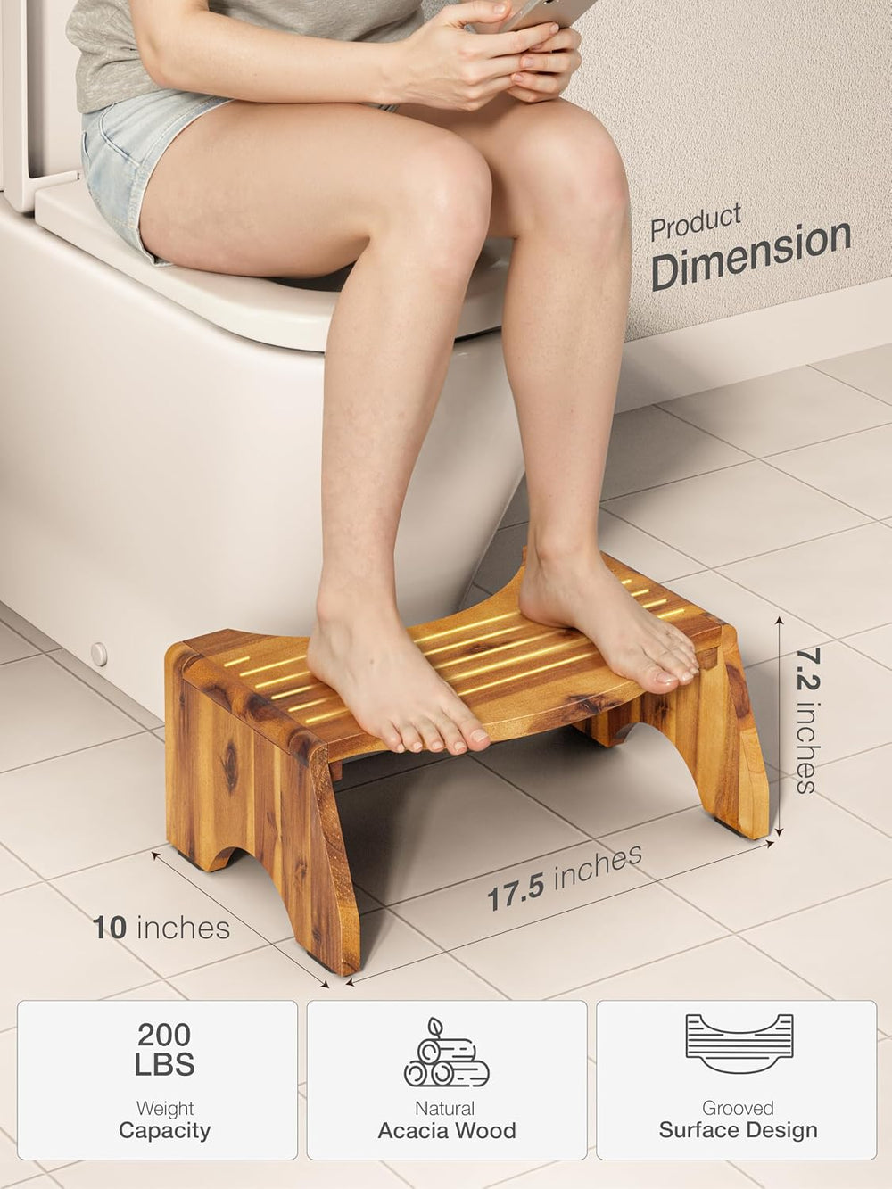 7” Acacia Wood Foldable Toilet Stool,Round Edge No Assembly Required