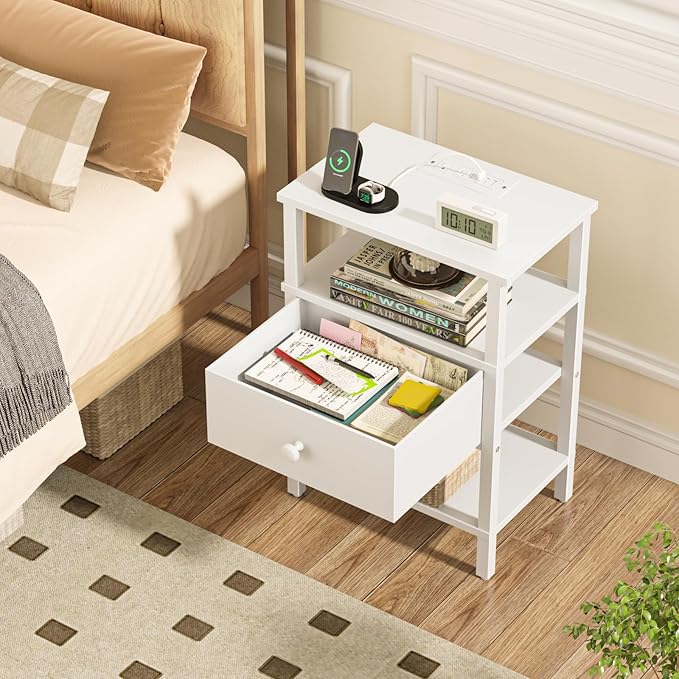 Lerliuo Nightstand Set of 2 with Charging Station and USB Ports, 3-Tier Stora...