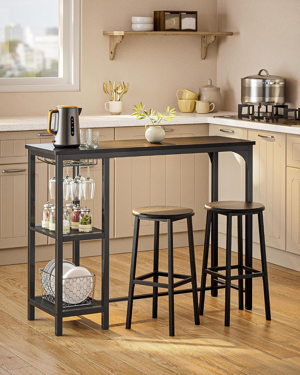 Qsun Small Bar Table Set for 2 | Kitchen Table for 2 with 2 Storage Shelves &...