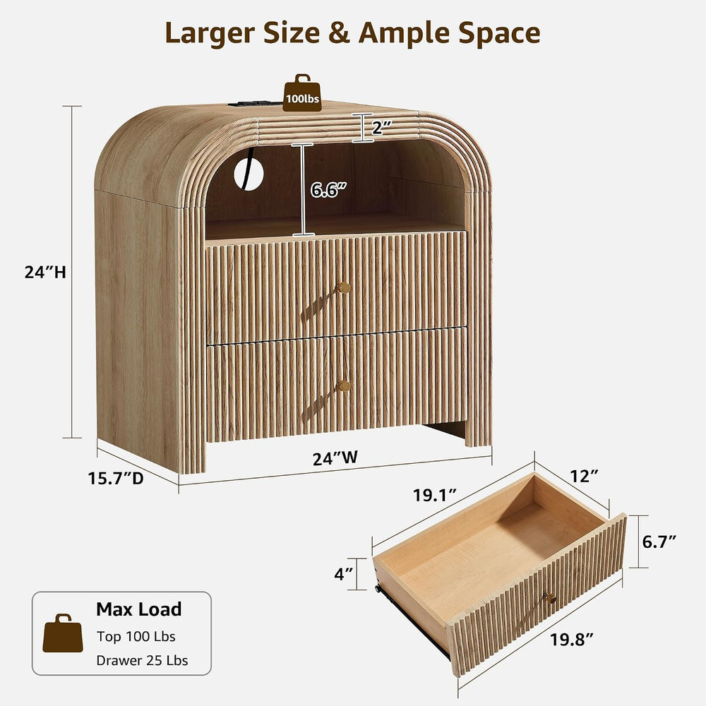 T4TREAM 24" Fluted Nightstand Set of 2 with Charging Station, Natural Oa...