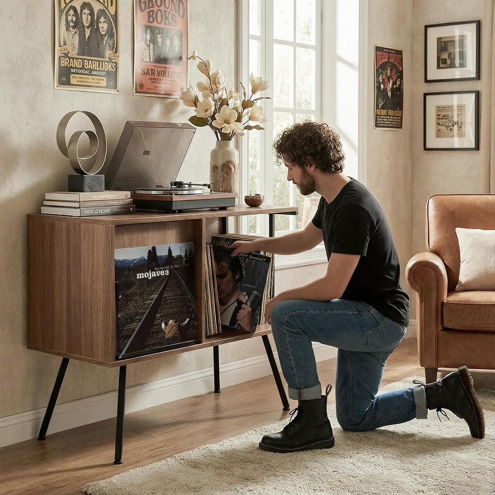 Faesun Record Player Stand with Flip-Down Record Shelf, Walnut | Vinyl Record...