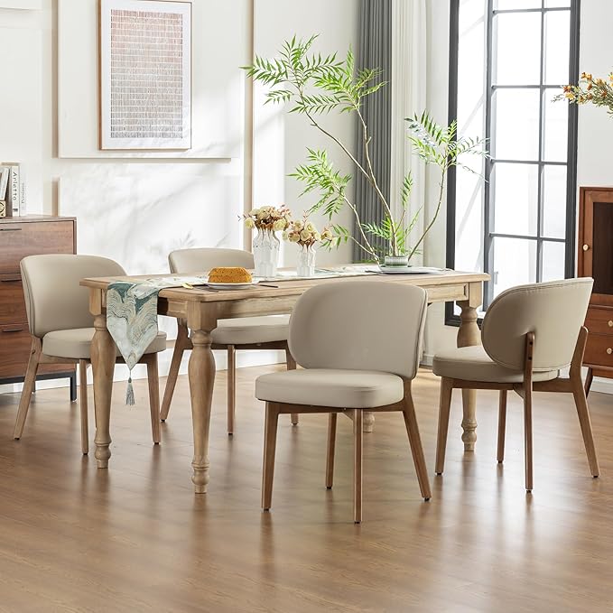 YOUNIKE Dining Chair with High Back Set of 4 Mid Century Modern Kitchen Chair Faux Leather Upholstered Armless Chair 20" Wide Padded Seat with Wooden Legs for Kitchen Dining Living Room Bedroom Khaki