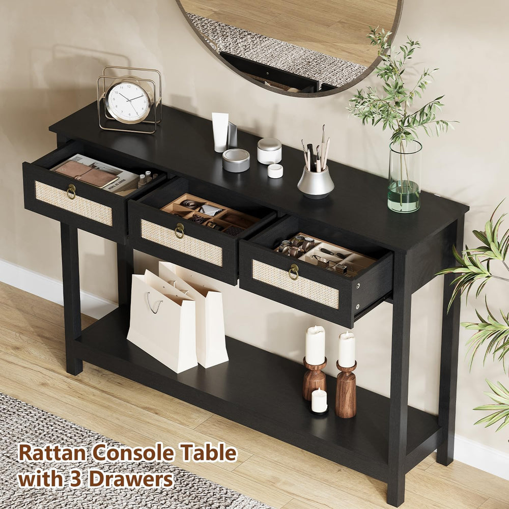 LAZZO 47.3" Rattan Console Table Narrow Entryway Sofa Table with 3 Drawe...