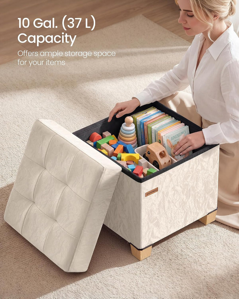 SONGMICS Storage Ottoman, Textured PU Leather Footstool with Legs, Footrest w...