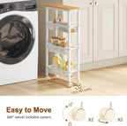 Hoctieon Slim Rolling Storage Cart, 4-Tier Narrow Kitchen Storage Cart with Handle & Wheels, Mobile Shelving Unit, Wooden Top & Metal Frame, Utility Cart for Kitchen, Small Spaces, Oak Beige