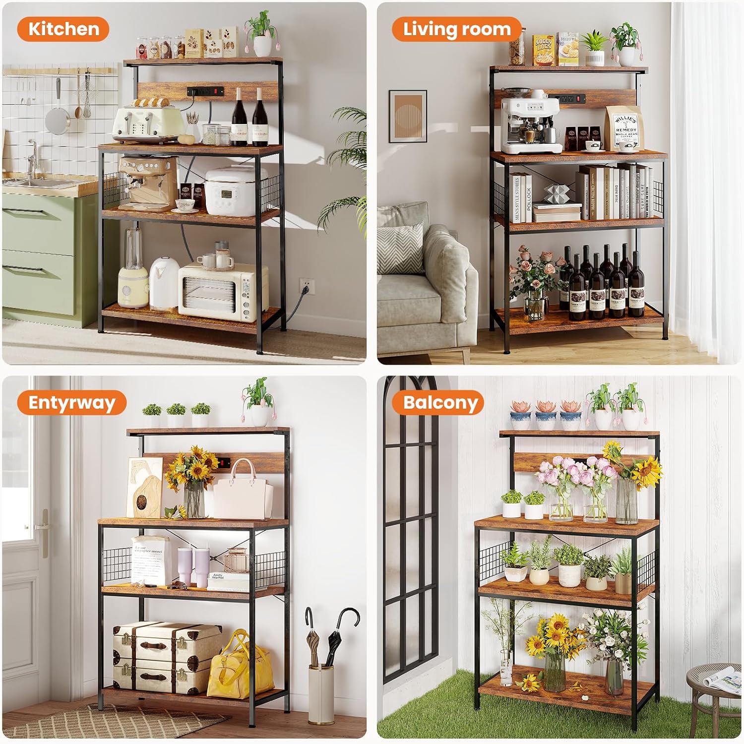 Sweetcrispy 23.6'' Small Bakers Rack with Power Outlet for Kitchen Storage | Microwave Stand with Adjustable Shelf for Coffee Bar Station, Small Apartment, Counter Space Saving, Rustic Brown