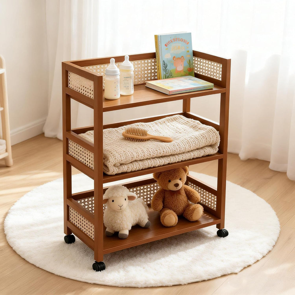 Rattan Side Table with Universal Wheels,Vintage Style Movable Coffee Table, S...