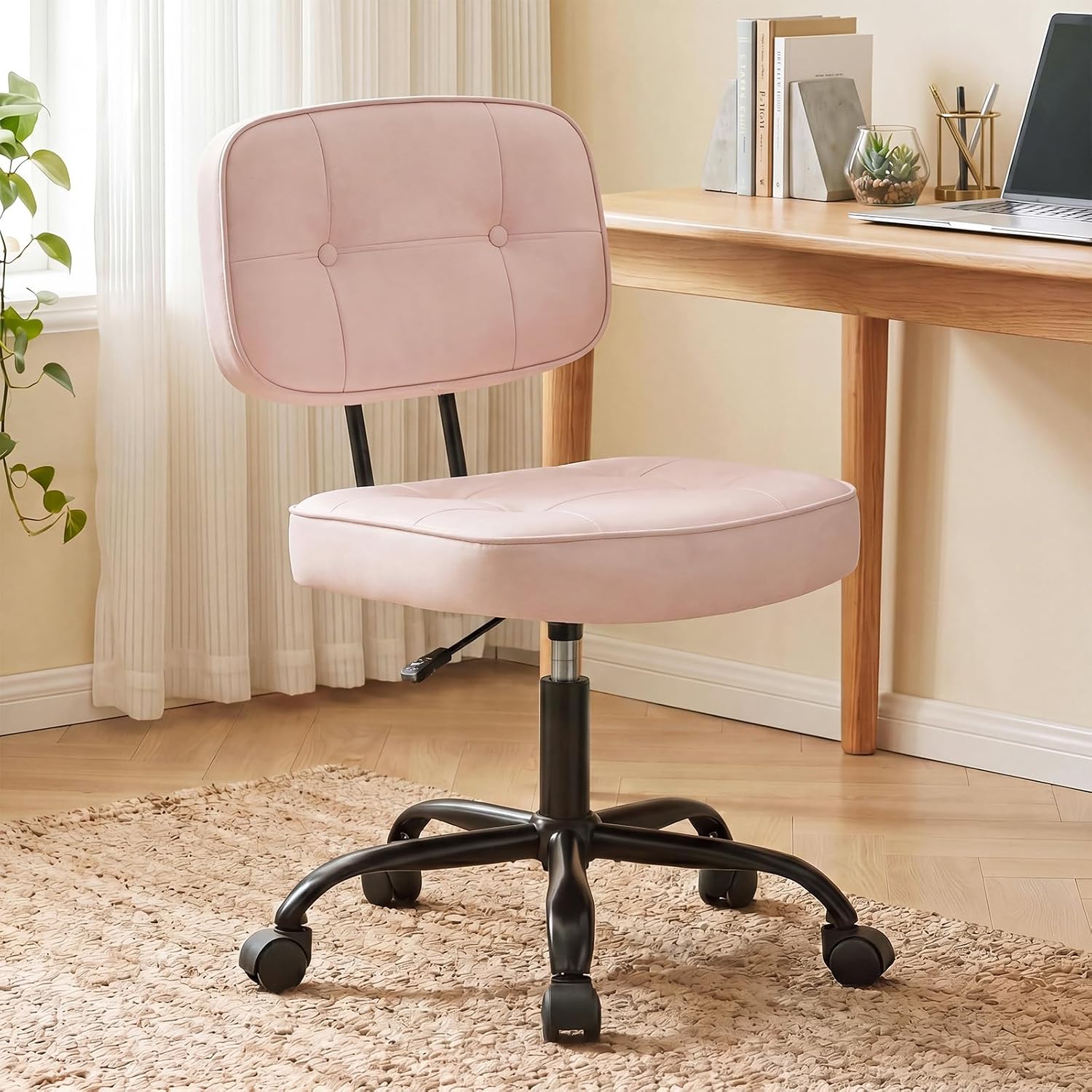 DUMOS Home Office Desk Chair - Ergonomic Armless PU Leather Computer Rolling Task Chair，with Comfy Lumbar Support and Height Adjustable, 360° Swivel, Vanity, Bedroom, Pink