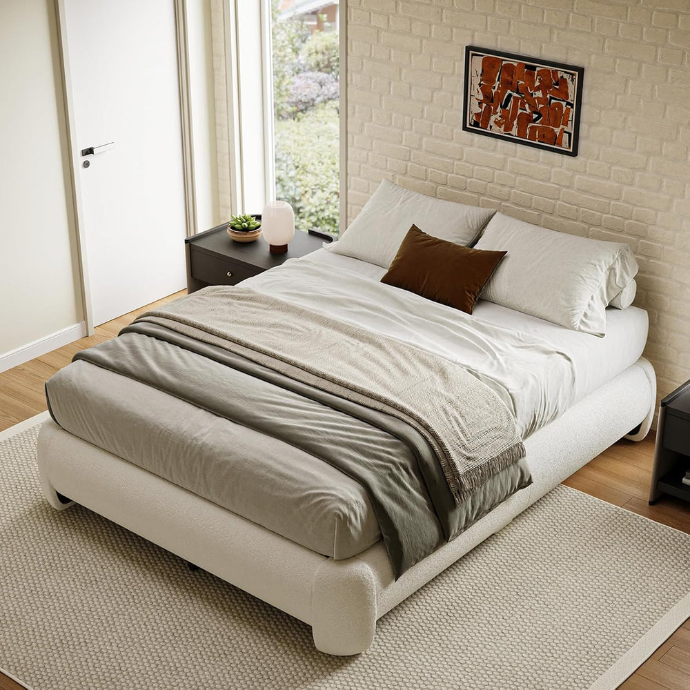 Cloud Full Size Platform Bed Frame, Soft Boucle Bed Frame with Round Corner, ...