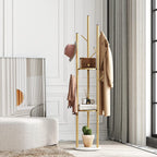 DOORXIFO Metal Gold Coat Racks Freestanding, Coat Hanger Stand, Hall Tree Rack for Hanging Hats, Scarves, Bags, Modern Coat Rack with Double Shelves, Corner Coat Rack, 9 Hooks, Gold