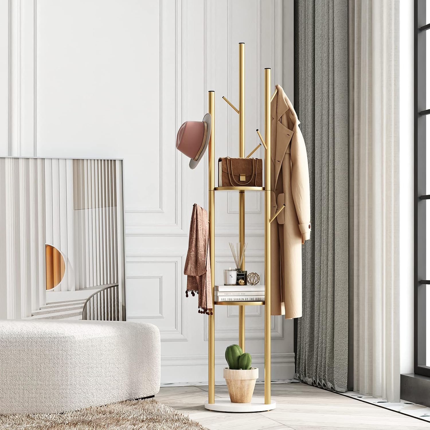 DOORXIFO Metal Gold Coat Racks Freestanding, Coat Hanger Stand, Hall Tree Rack for Hanging Hats, Scarves, Bags, Modern Coat Rack with Double Shelves, Corner Coat Rack, 9 Hooks, Gold